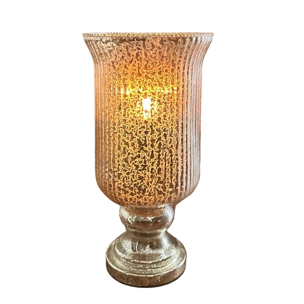 Valerie Parr Crackled Gold Ribbed Glass Footed Hurricane Candle Holder